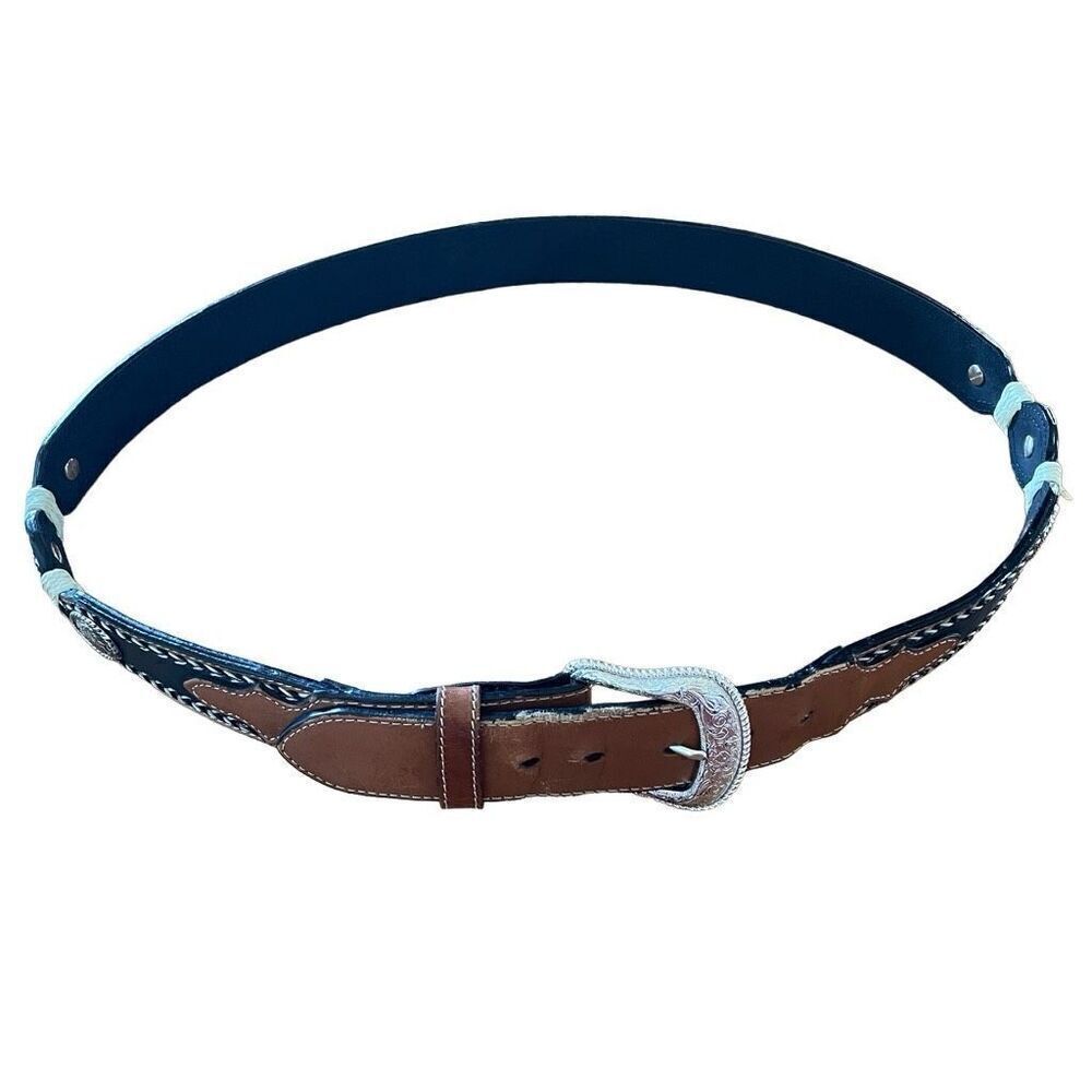 Nocona Mens Leather Belt 40 Horsehair Scalloped Western Cowboy Silver Conchos